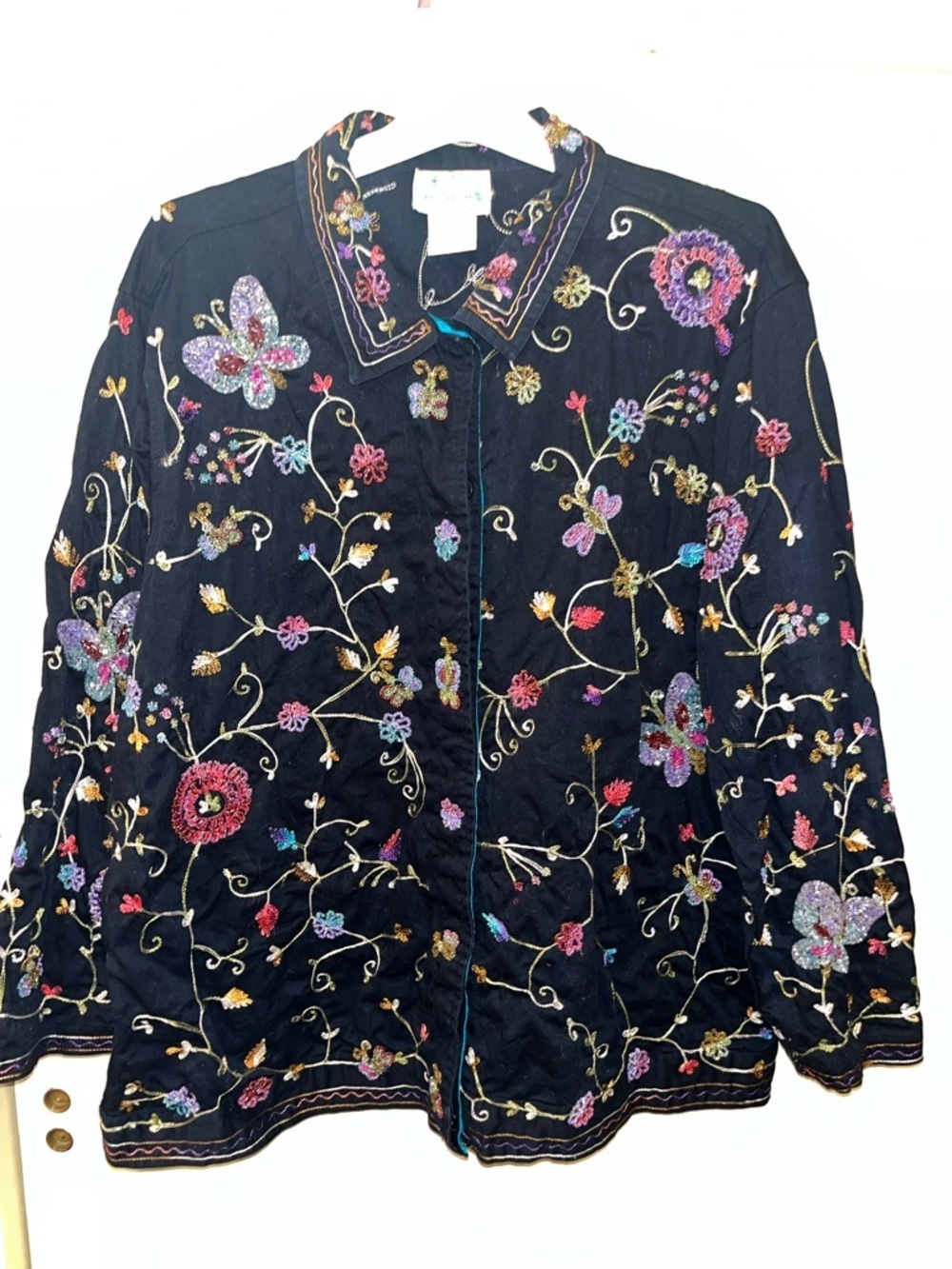 Quacker Favtory Embroidered / Embellished Black Floral Button-Up Jacket